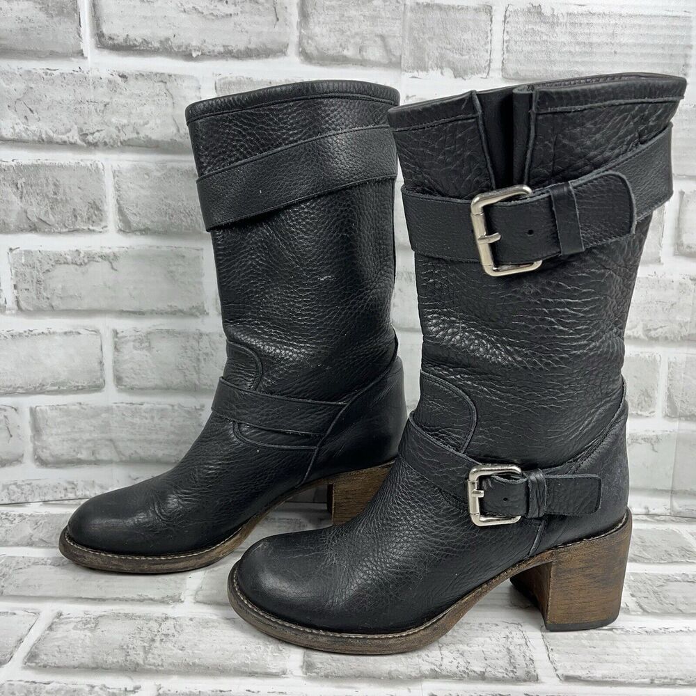 Bianco Easy Women 's 38 /7.5 US Black Leather Buckle Moto Mid Calf Chunky Boots - Picture 3 of 16